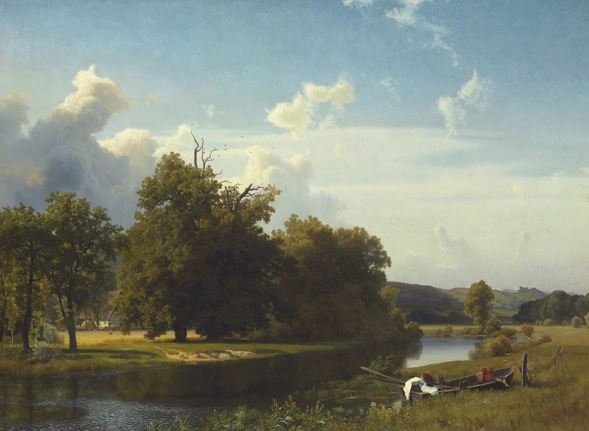 Альберт Бирштадт — A River Landscape, Westphalia (Речной пейзаж, Вестфалия), 1855