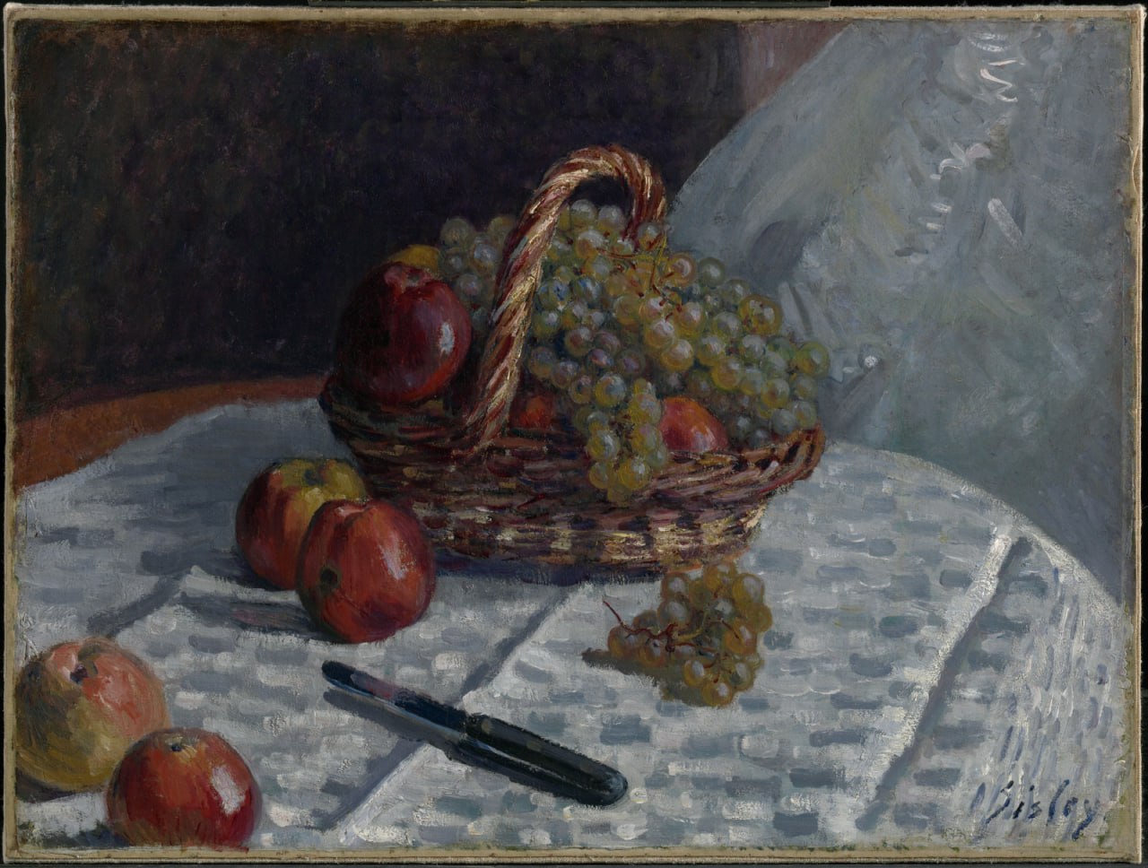 Альфред Сислей — Nature morte, pommes et raisins (Натюрморт, яблоки и виноград), 1880-81