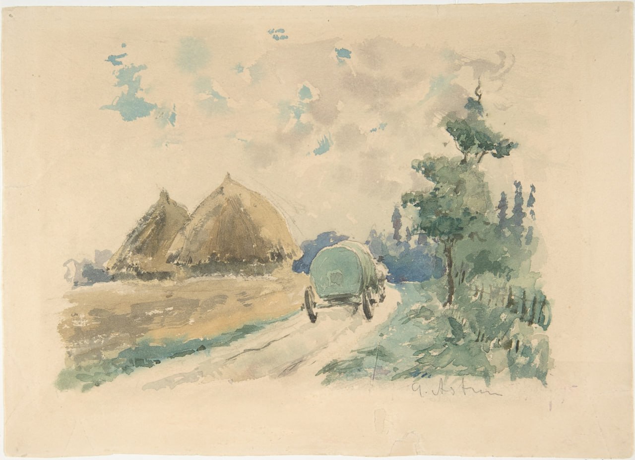 Закари Астрюк — Paysage avec chariot et meules de foin (Пейзаж с повозкой и стогами сена), 1869-1870