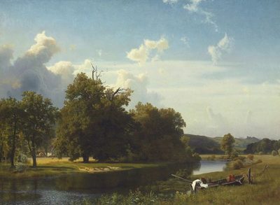 Альберт Бирштадт — A River Landscape, Westphalia (Речной пейзаж, Вестфалия), 1855
