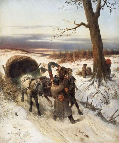 Николай Егорович Сверчков — Зимний пейзаж с санями, запряженными лошадьми, 1868