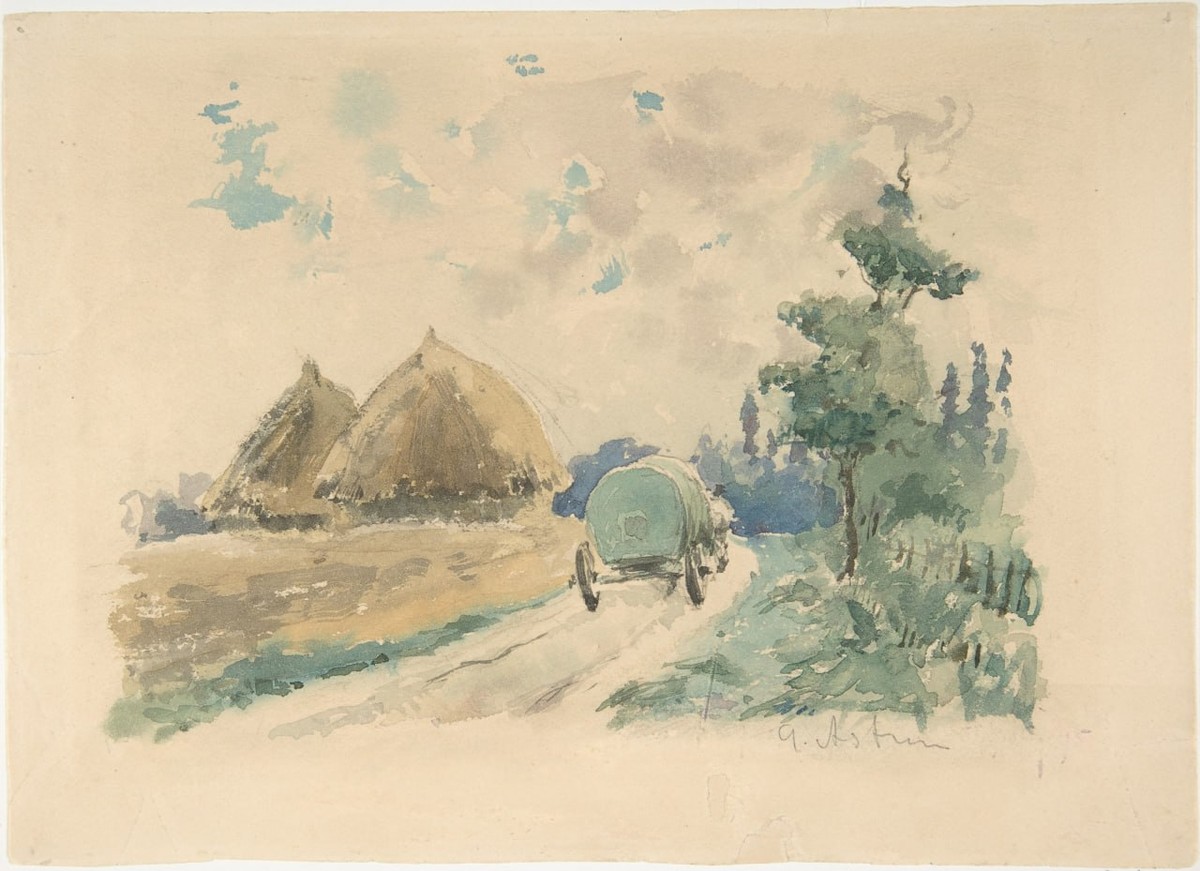 Закари Астрюк — Paysage avec chariot et meules de foin (Пейзаж с повозкой и стогами сена), 1869-1870